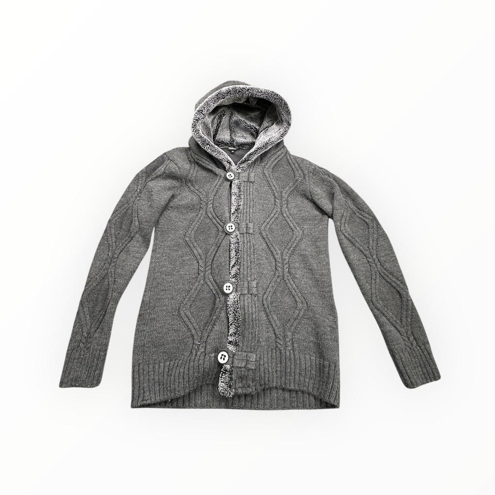 Behype Mens‎ Gray Cable Knit Faux Fur Lined Hooded Button Up Cardigan Sweater S